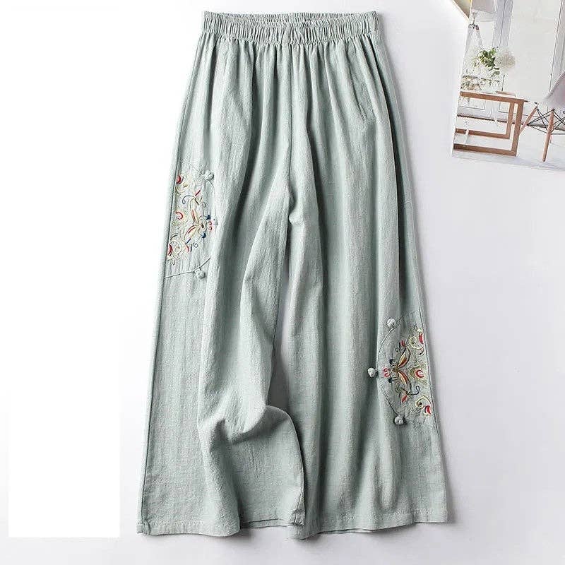Vintage Embroidered Wide-Leg Cropped Pants