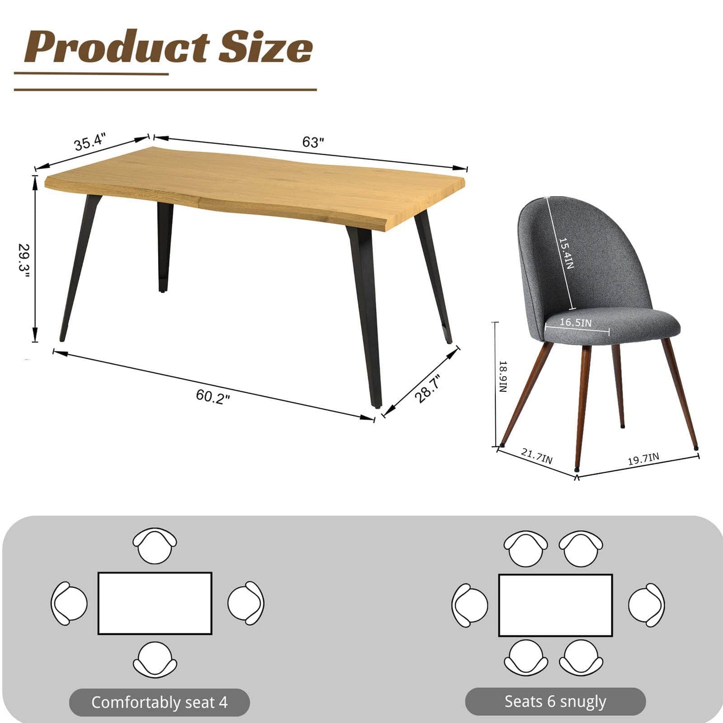 5-Piece Dining Set-63" Wave-Edge Table and Chair Options