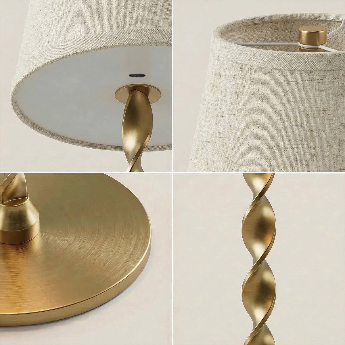 Twisted Linen Shade, Gold Twist Stem, Cordless LED Lamp