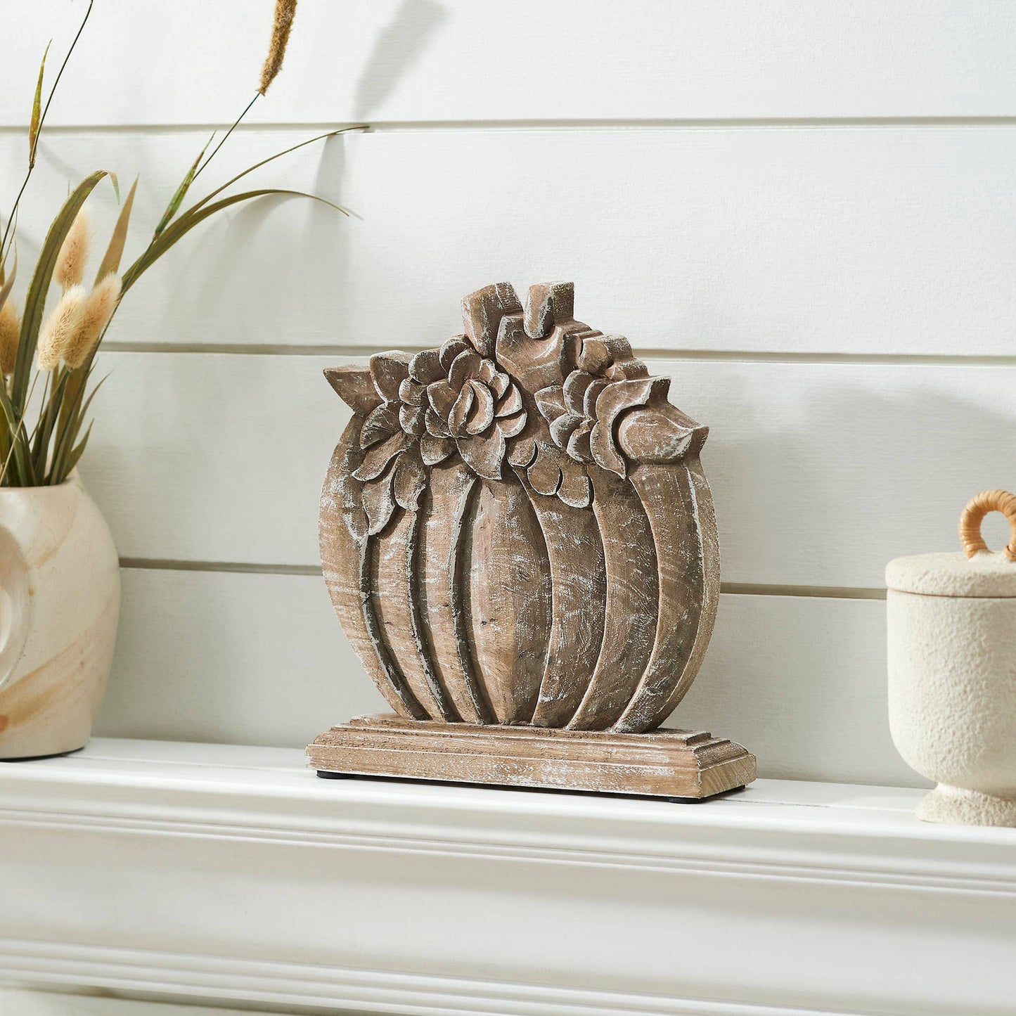 Wood Floral Pumpkin Autumn Fall Harvest Tabletop Decor 8.5x8x2 Inch