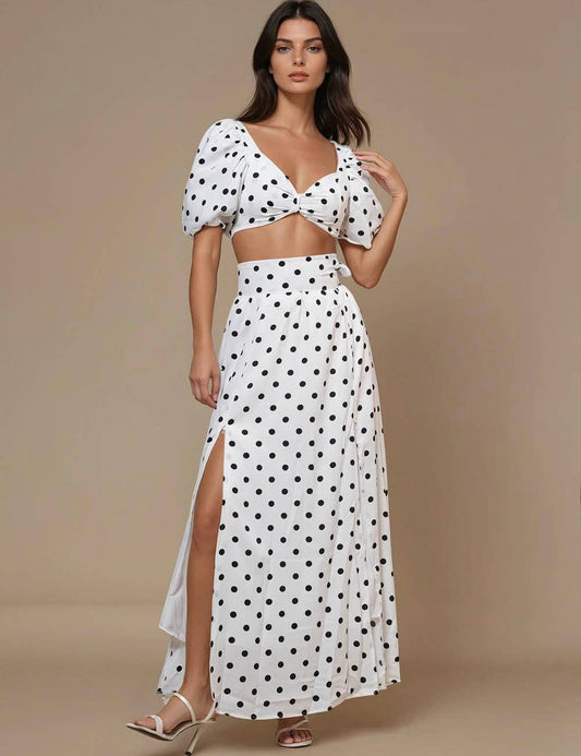 Ladies Polka Dot Crop Top Midi Skirt 2PCS Set