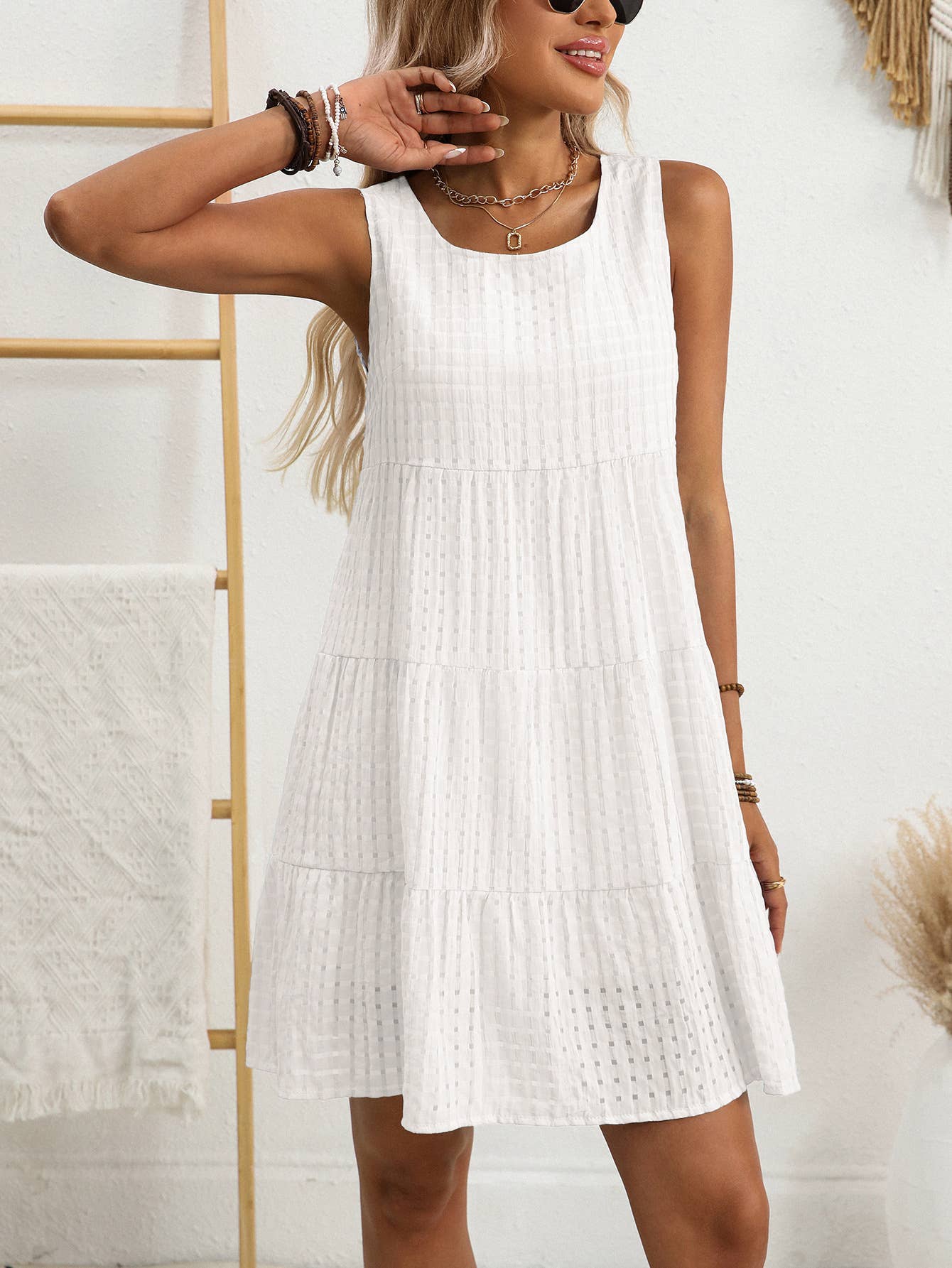 Checkered Tiered Sleeveless Mini Dress