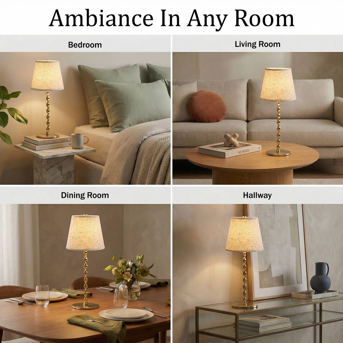 Twisted Linen Shade, Gold Twist Stem, Cordless LED Lamp