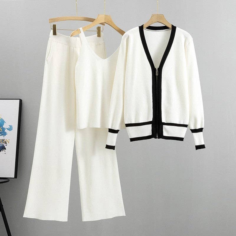 Knit Cardigan Camisole Wide Leg Pants Three-Piece Set