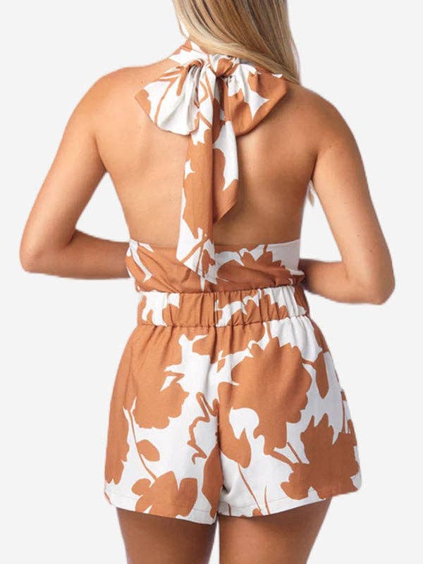 Backless Flower Print Halter Top & High Waist Shorts Set