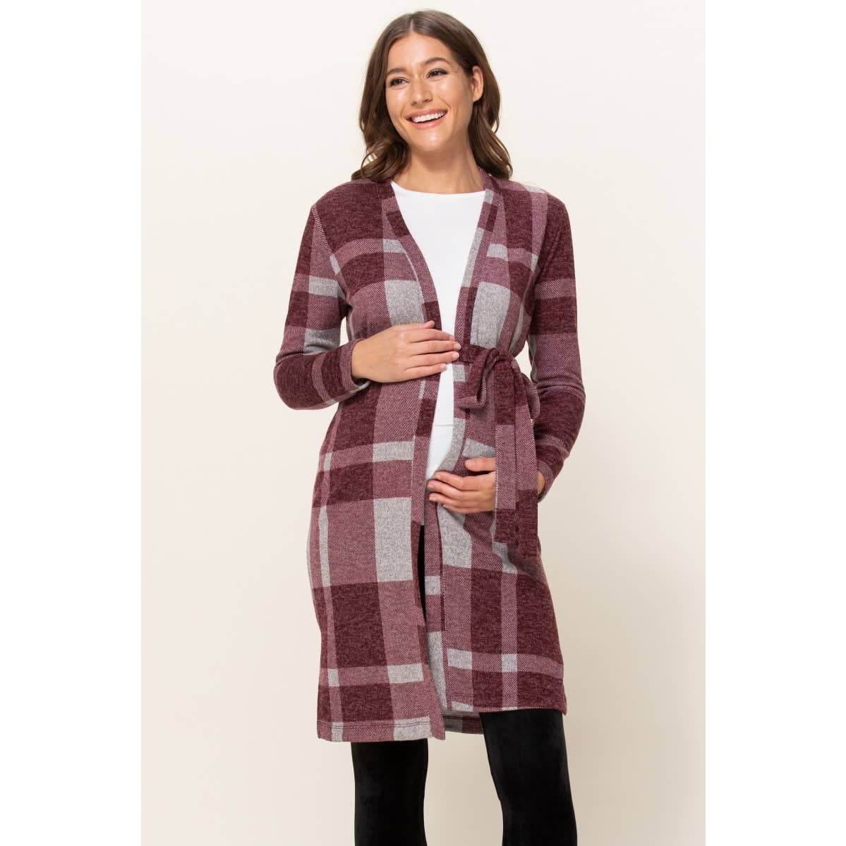 Plaid Maternity Knit Cardigan with Tie Belt