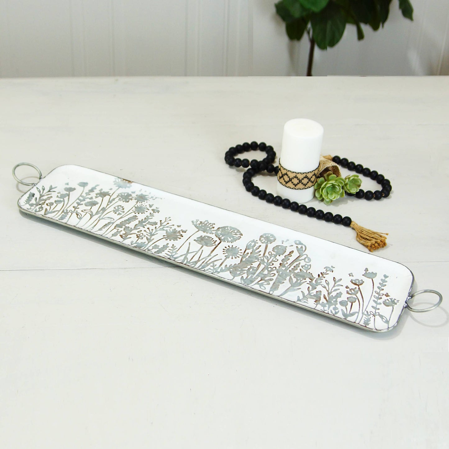 VIP Metal 33 in. Silver Wildflowers Tray w/ Loop Handles