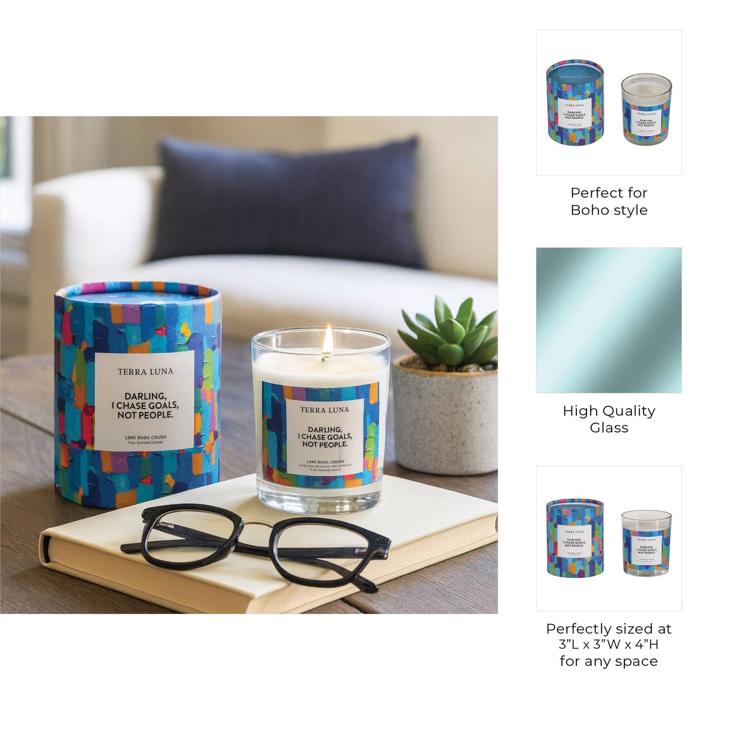 Boxed Candle - Blue Glass "Chase Goals Not People", 7 Oz