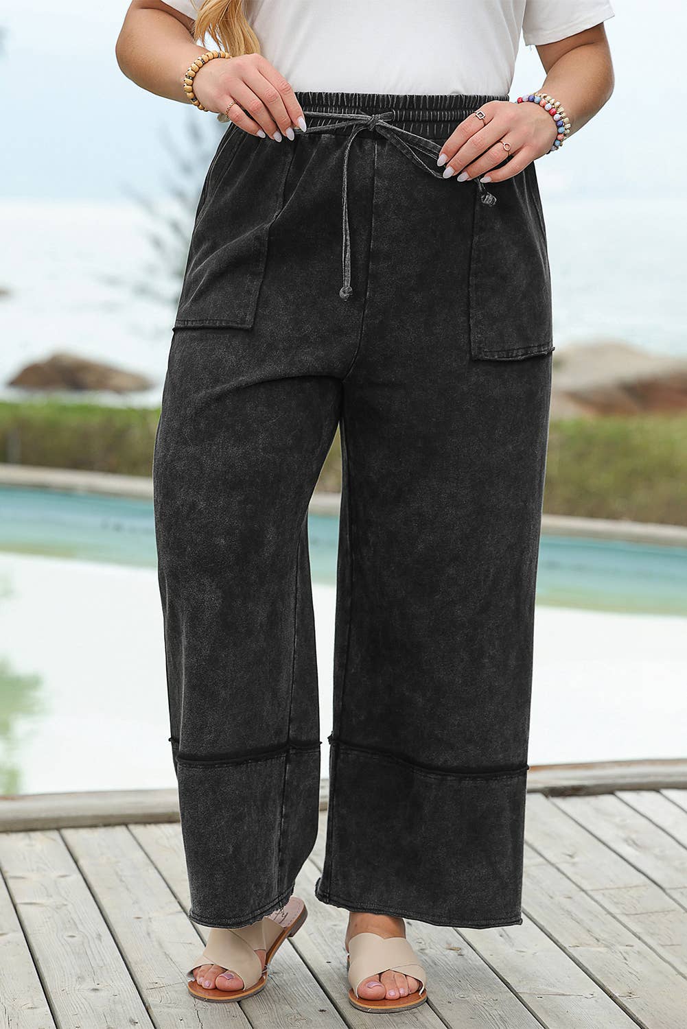 Plus Size Mineral Wash Wide Leg Cropped Pants