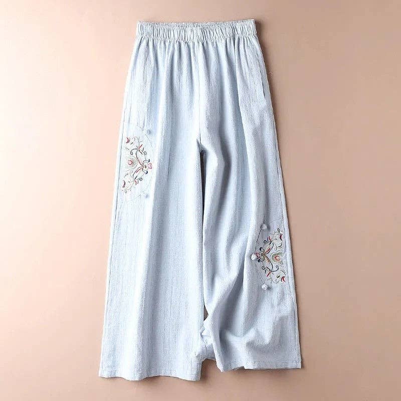 Vintage Embroidered Wide-Leg Cropped Pants