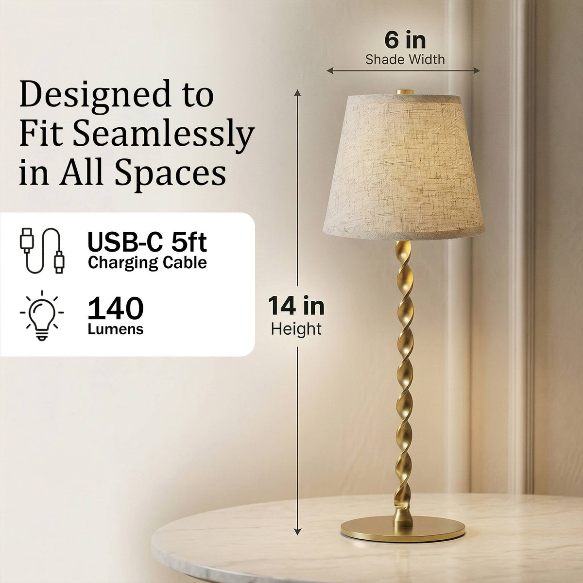 Twisted Linen Shade, Gold Twist Stem, Cordless LED Lamp