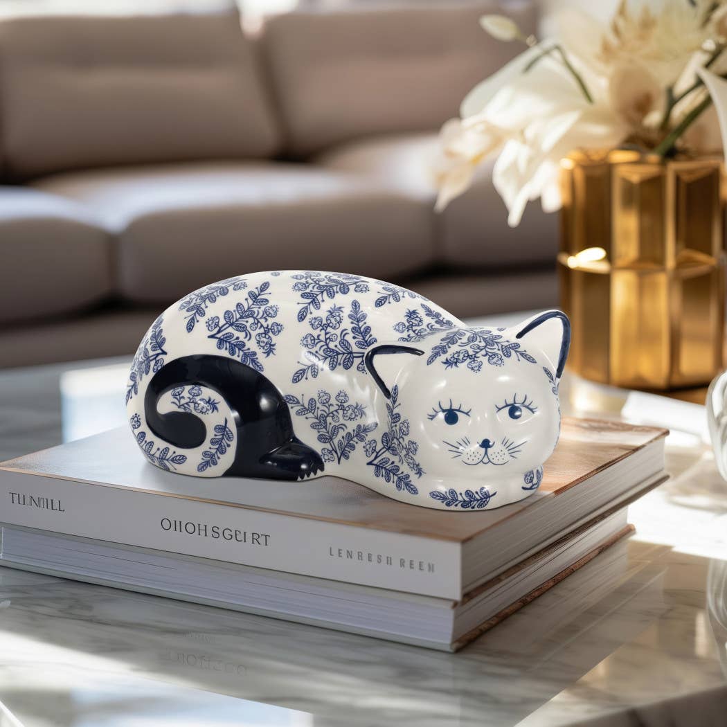 Ceramic Chinoiserie Sleeping Cat Figurine - White, 4 in.