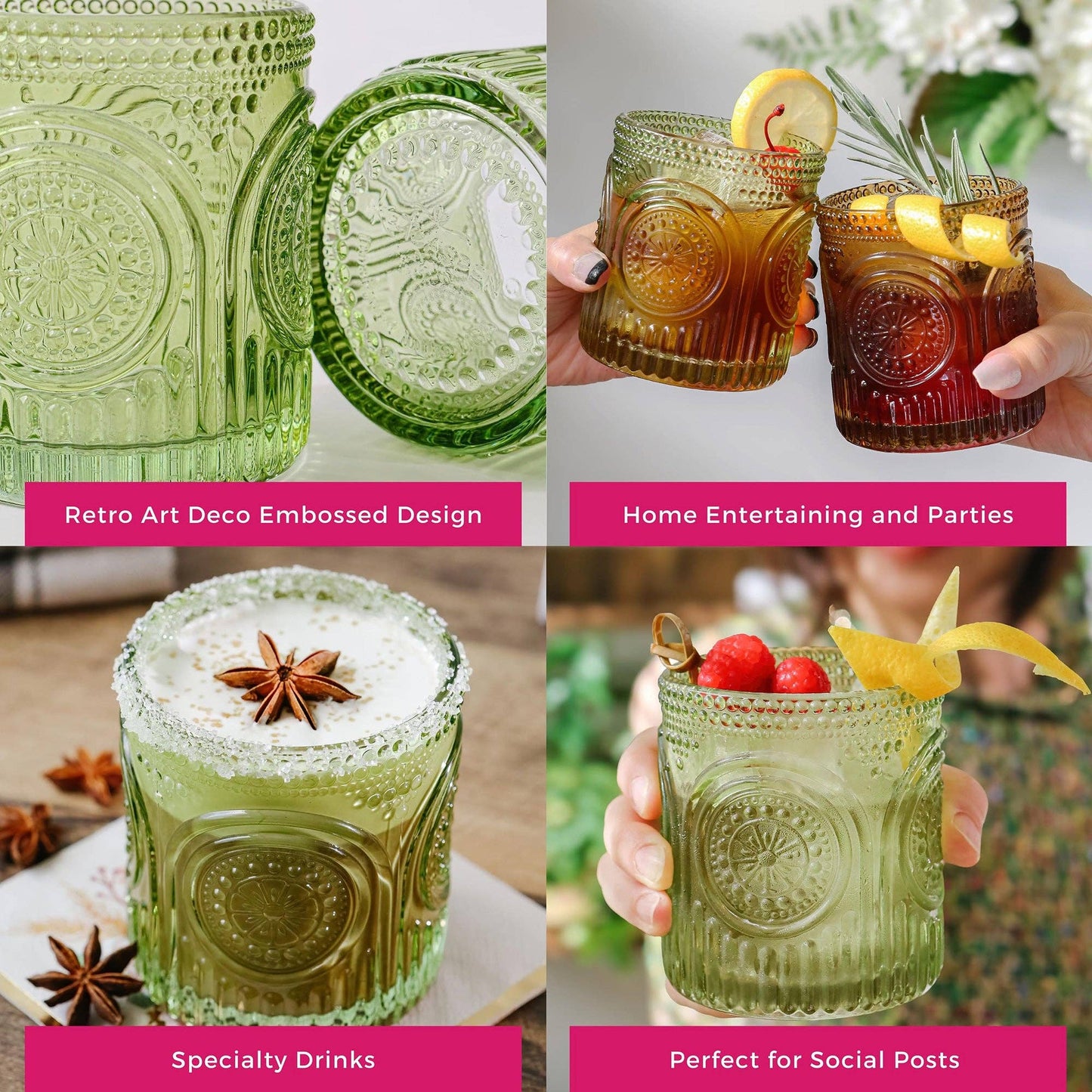 10 oz. Ribbed Retro Arch Floral Green Drinking Glasses (Set