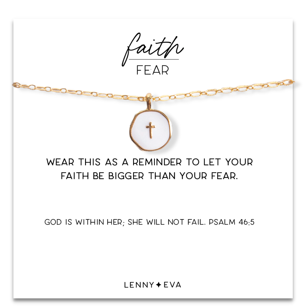 Faith Over Fear White Enamel Cross Pendant on Gold Chain