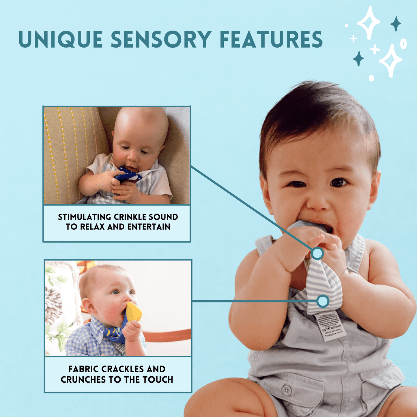 Tasty Tie Teether, Crinkle Toy, Baby Boy Gift (Dino)