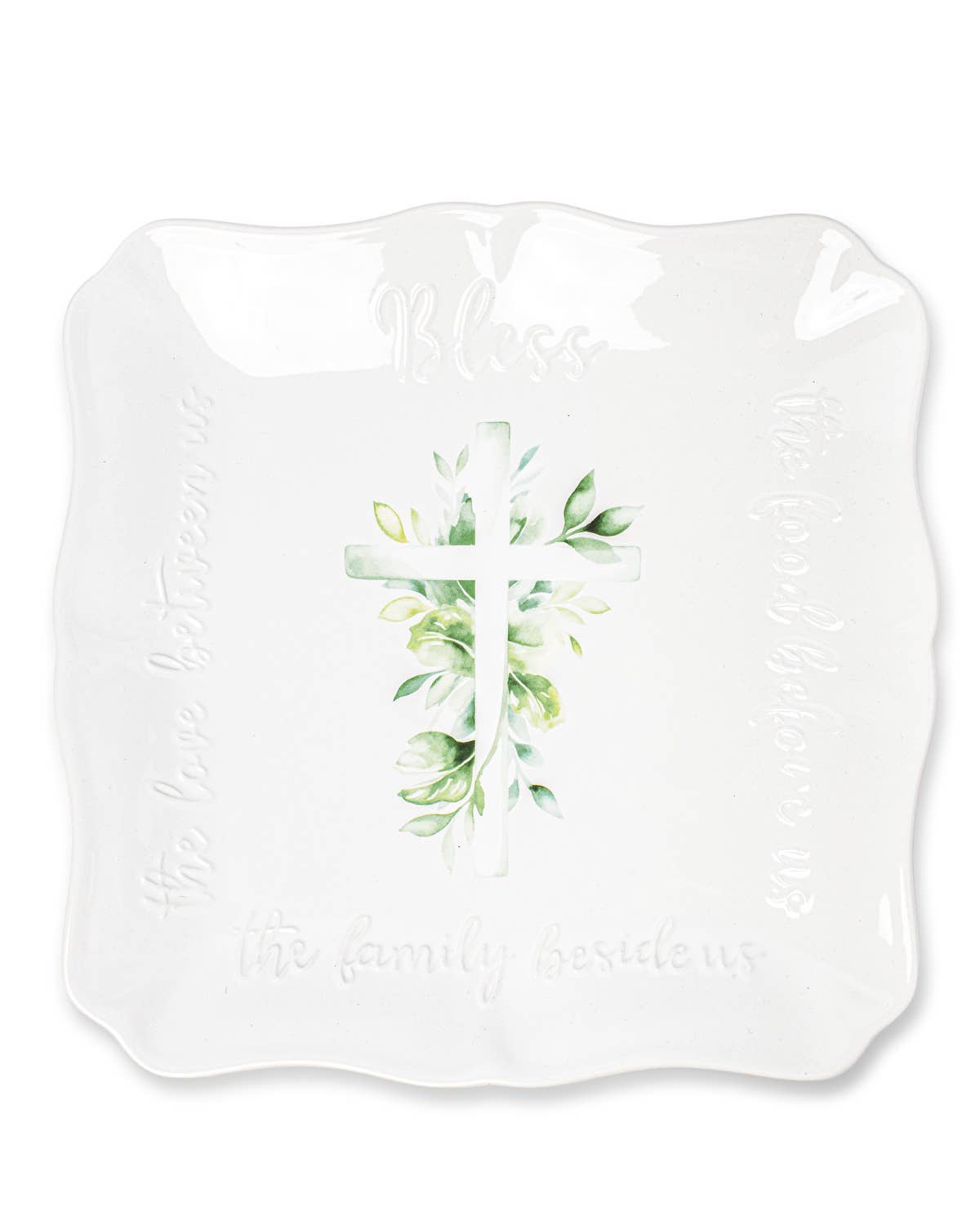 Bless the Food Cross Square Platter   White/Multi    11.5x11.5