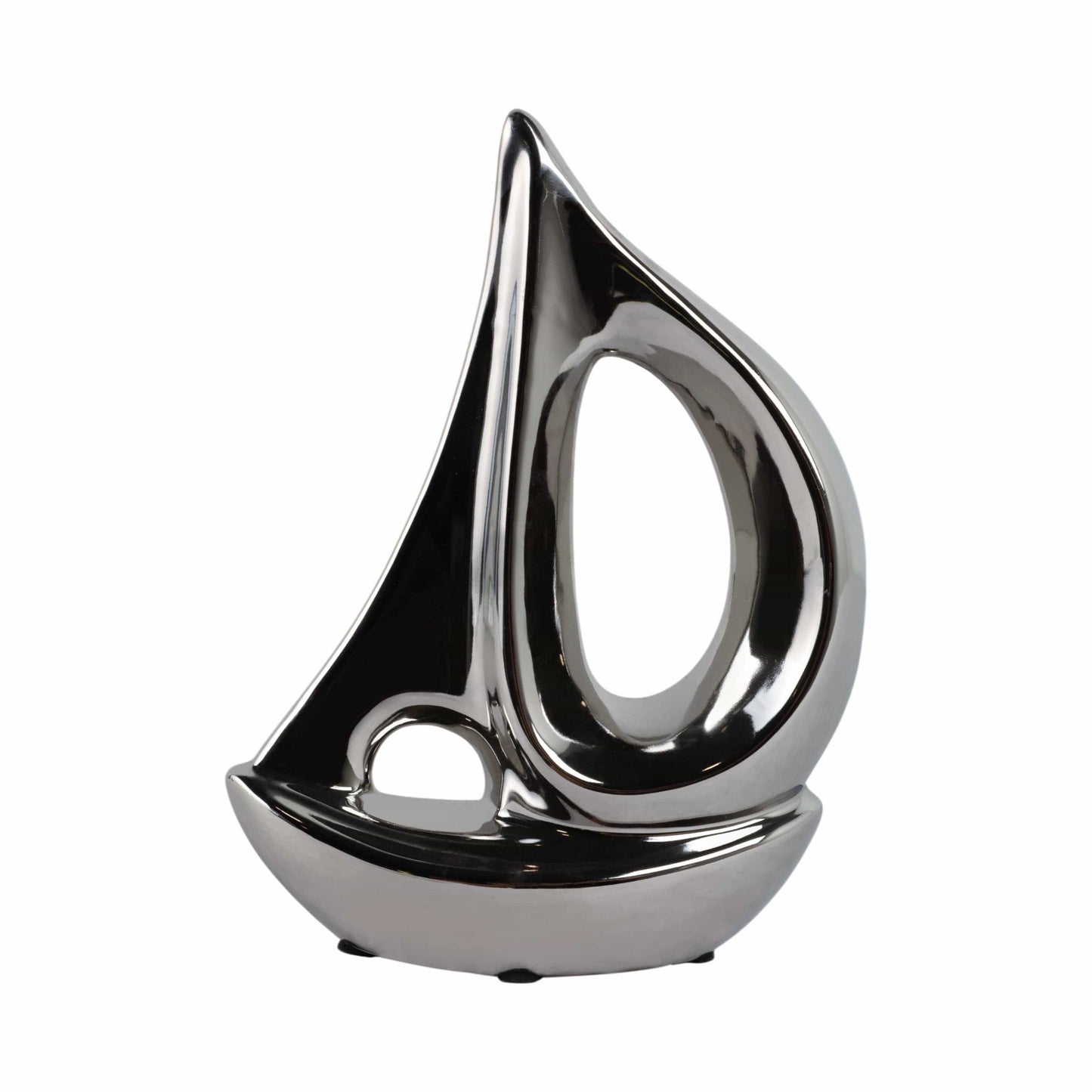 Ceramic Coastal Sailboat Sculpture Decor - Silver, 8 in.