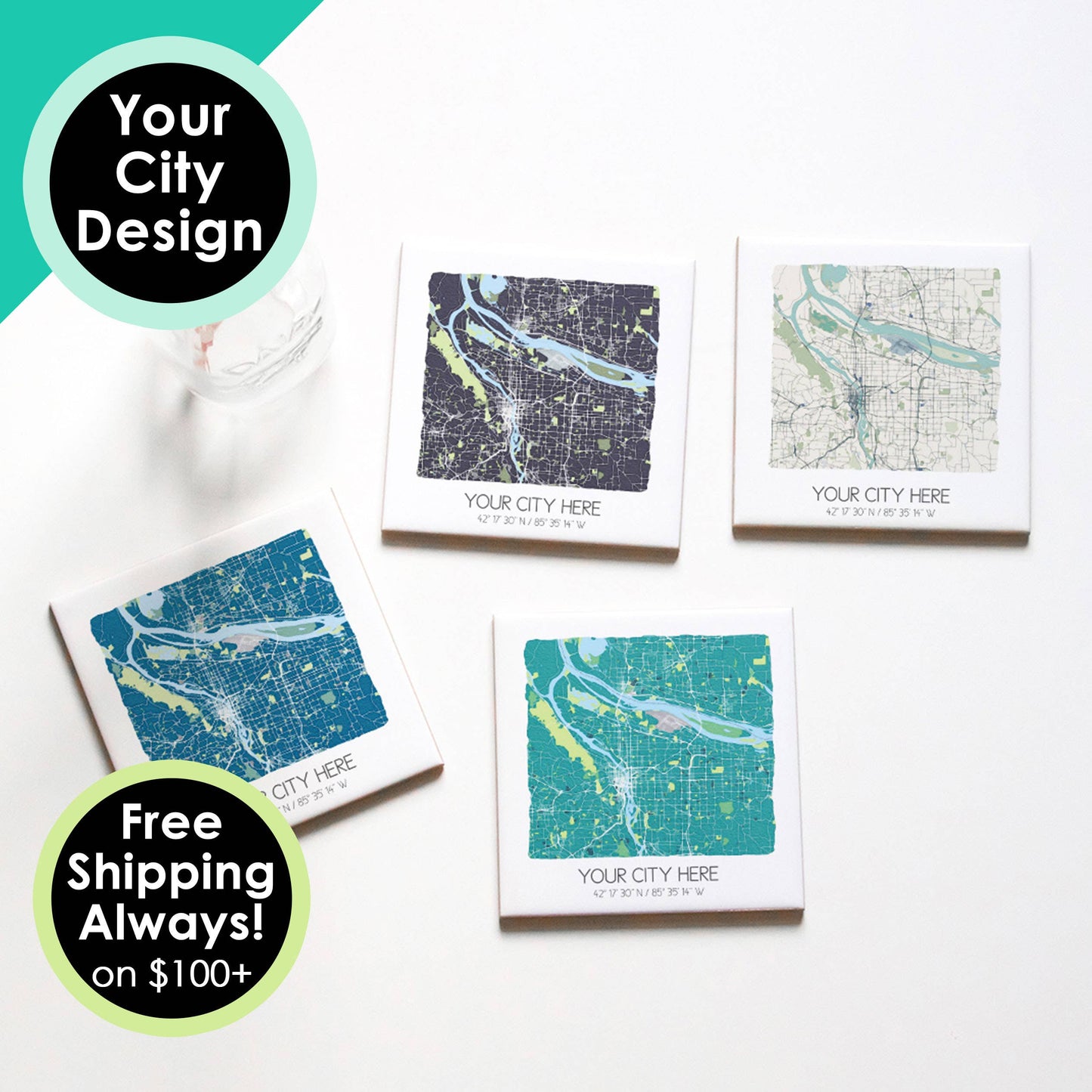 Watercolor City Map Coasters - Your City - Custom Order