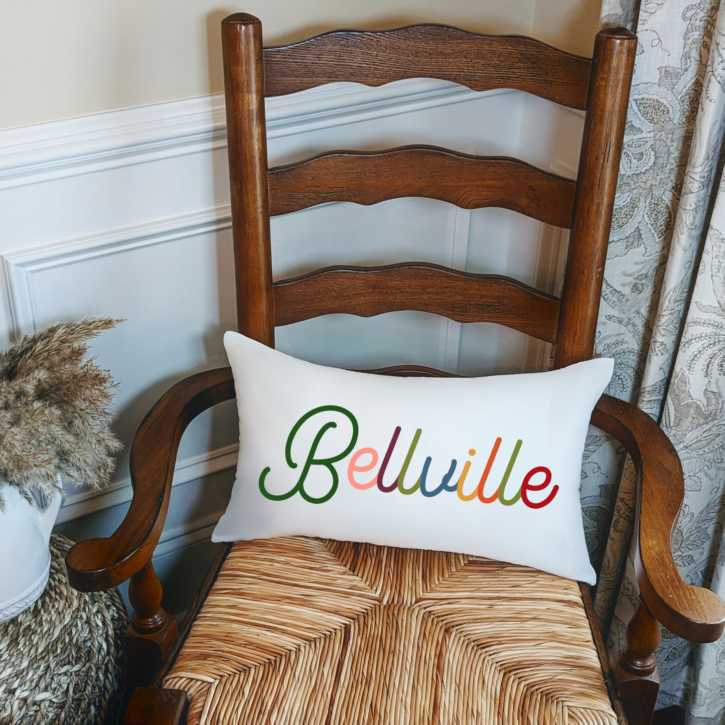 Bold Colorful Playful Script Town Name Lumbar Pillow