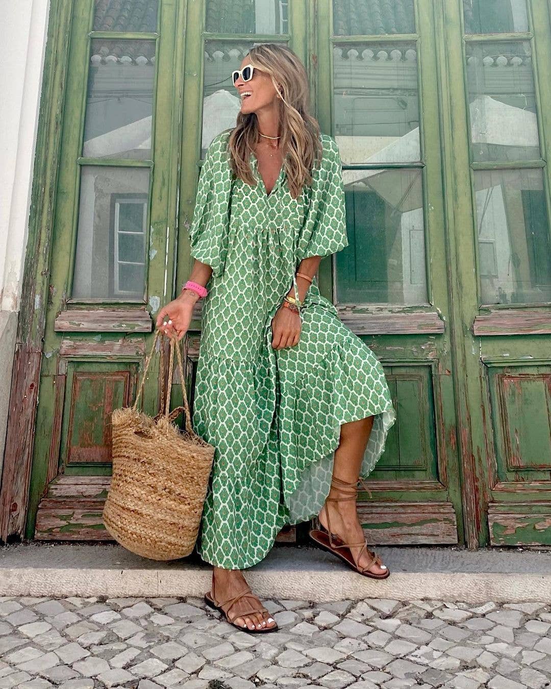 Geometric Abstract Collage Puff Sleeve Dress