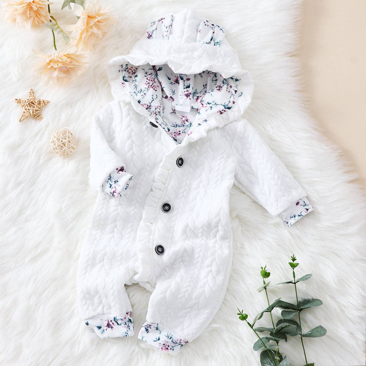 Hooded Baby Onesie with 3D Ears & Thick Lining