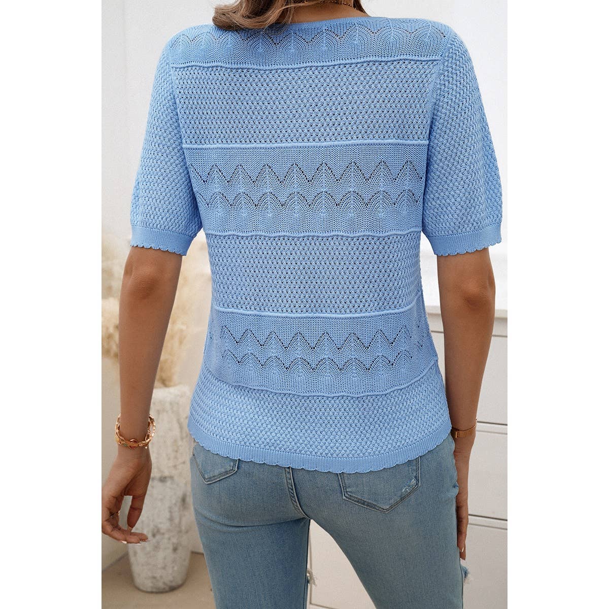 Crew Neck Hollow Lightweight Weaved Sweater Shirt