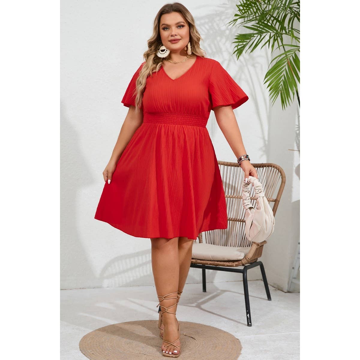 Plus V Neck Elastic Waist Fit Ruffle Midi Dress