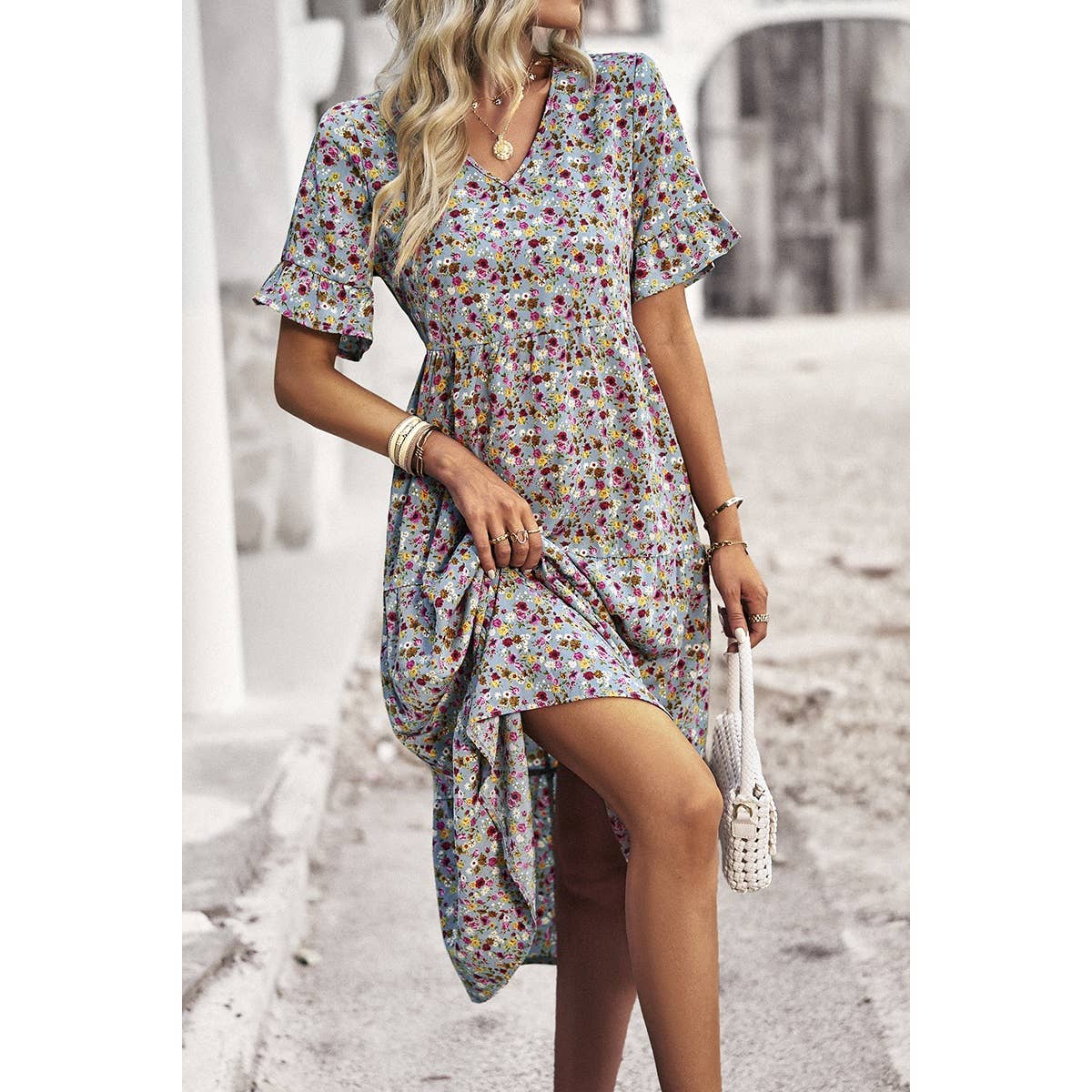 Floral Print Fit Ruffle Sleeve Midi Dress