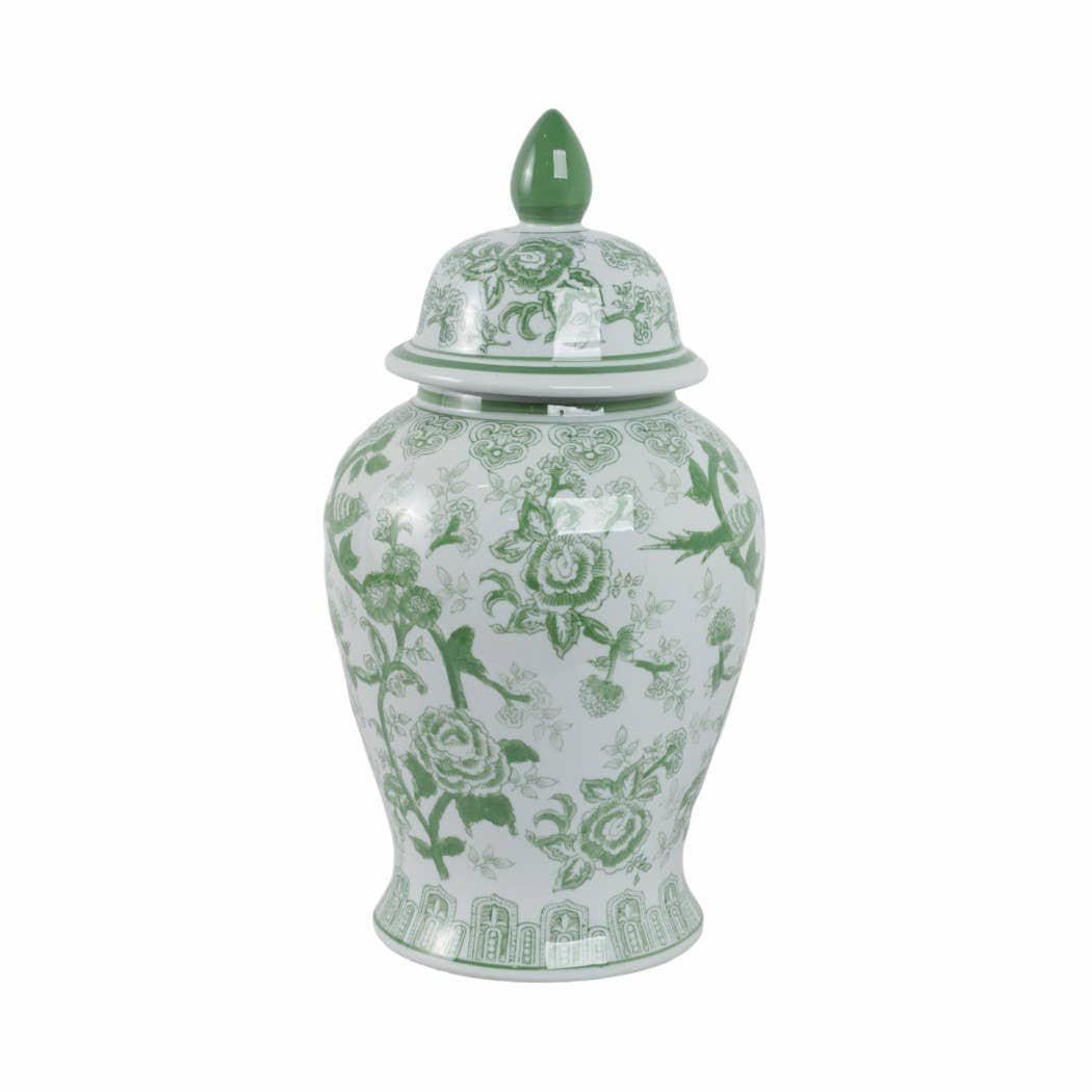 Ceramic Bird Flower Decorative Temple Jar - Green, 18 in.