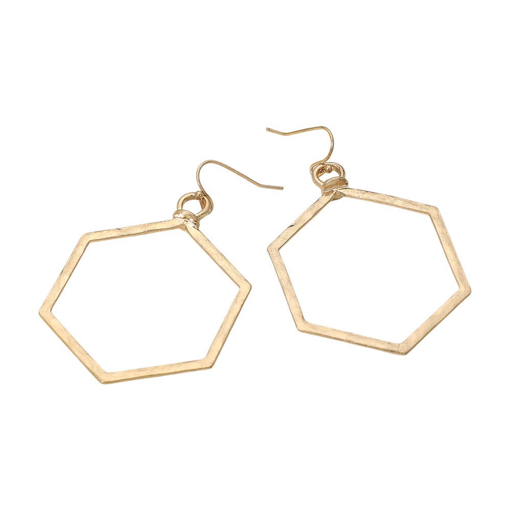 Hammered Metal Geometric Open Hexagon Dangle Earrings