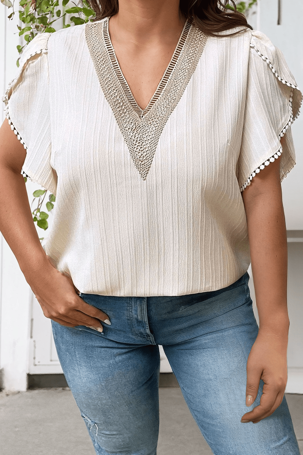Plus Size Embroidered V Neck Wrap Sleeve Textured Blouse