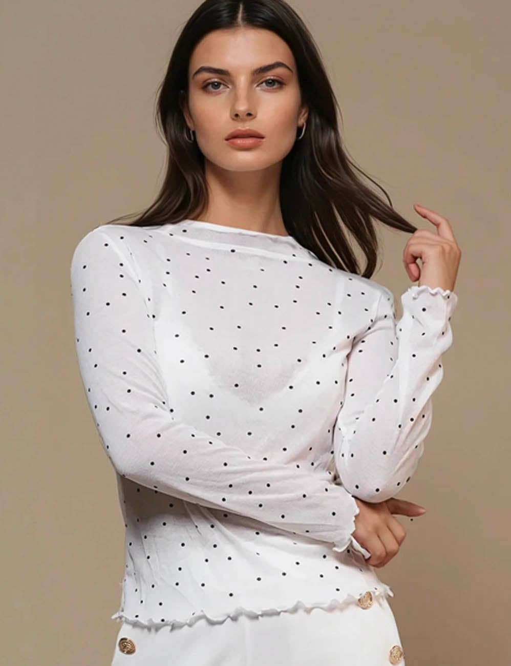 Ladies Dot Print See Sheer Layring Top SKT50744