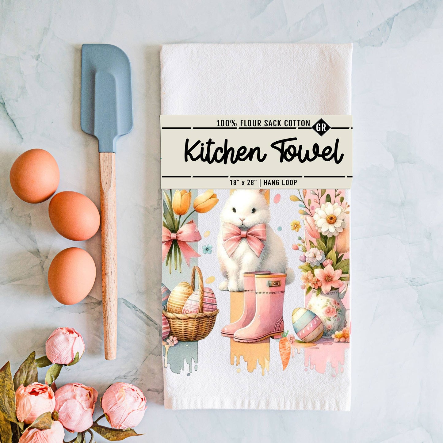Bubblegum & Bow Pink Easter Bunny & Spring Kitchen Towels