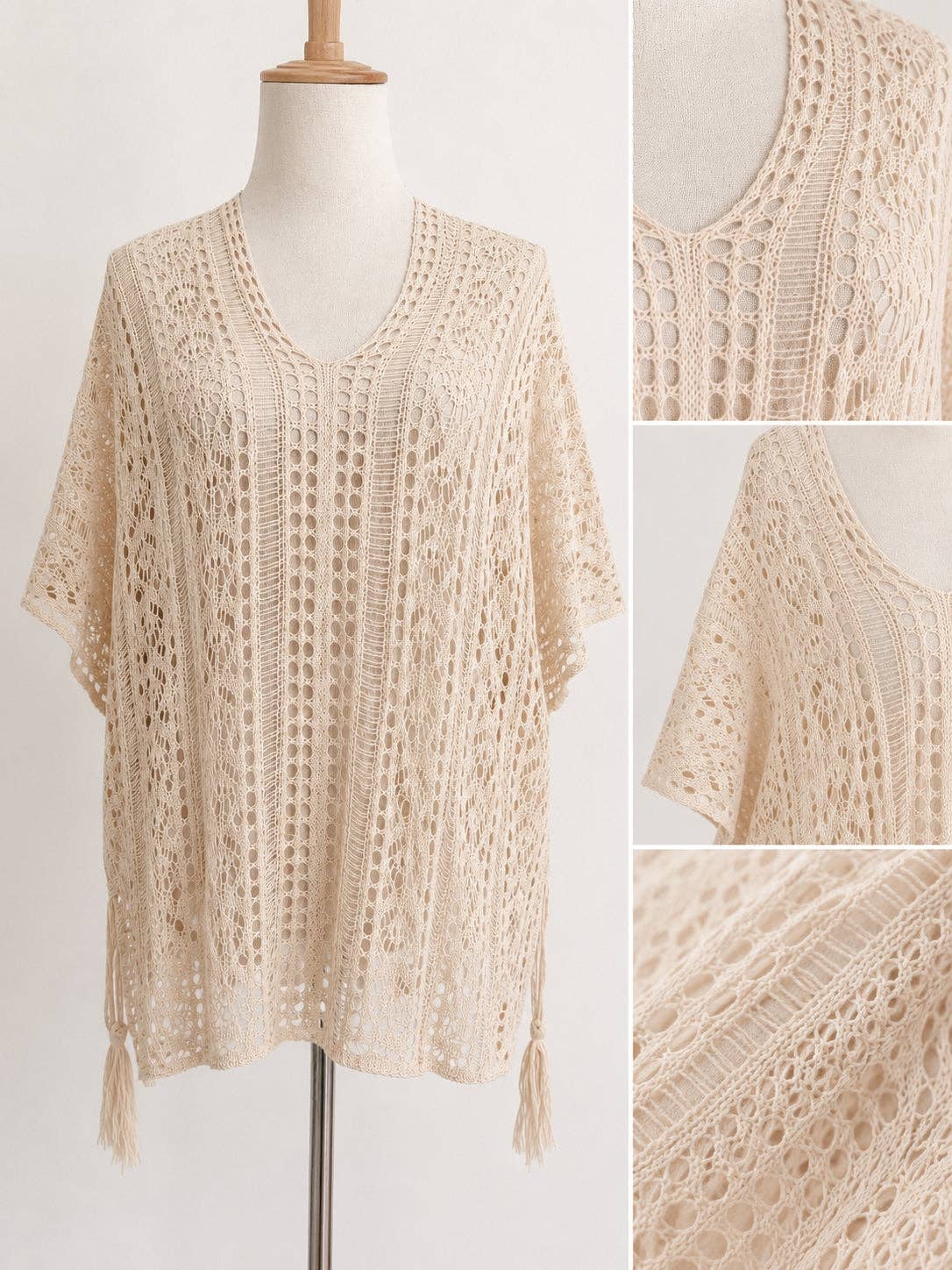 JC063308 Sided-Tassel Detailed Crochet Tunic