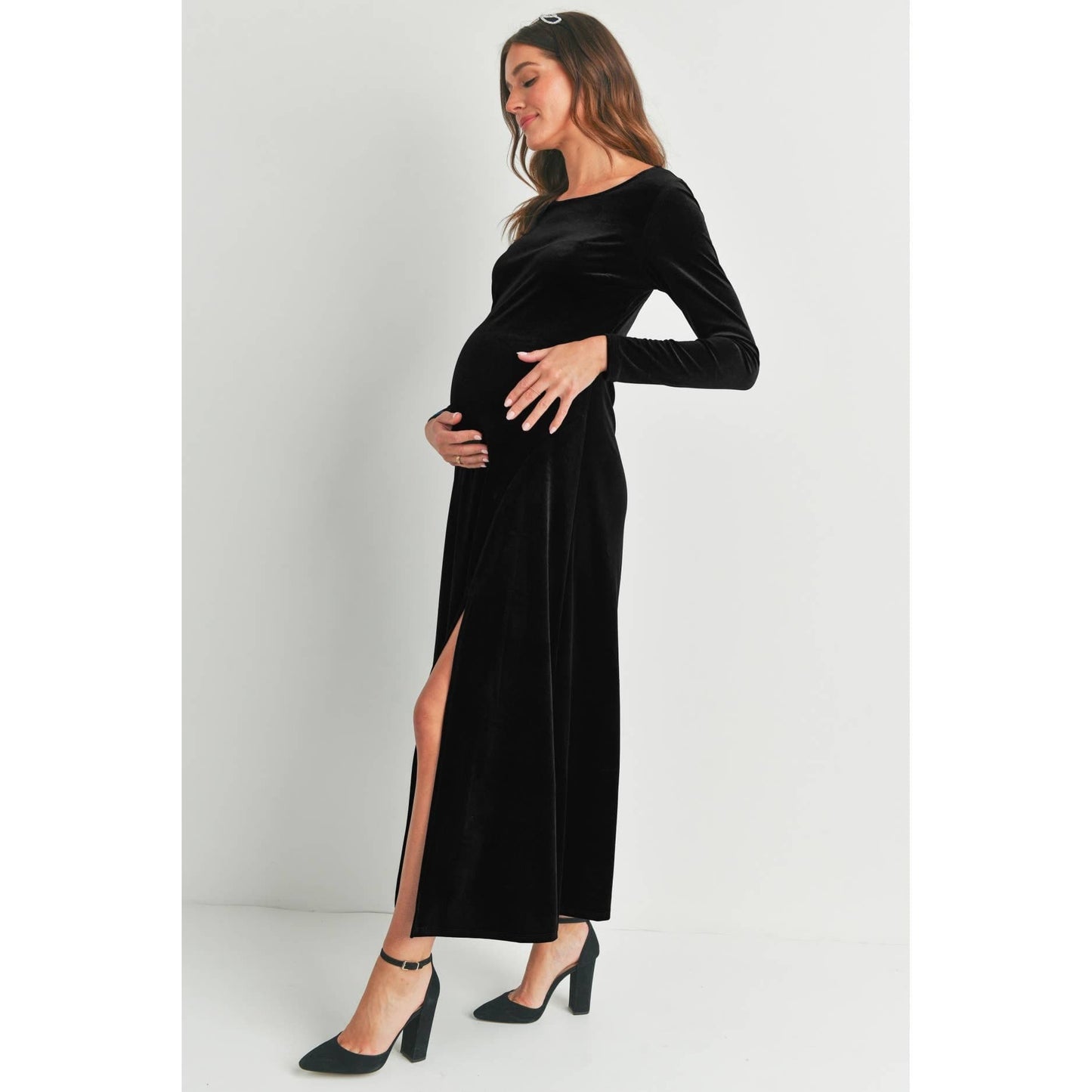 Velvet Long Sleeve Maternity Midi Dress