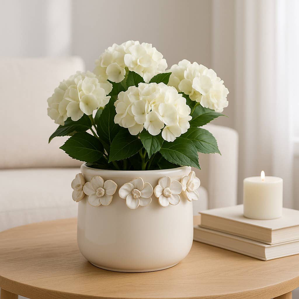Plant Pot - Ivory Ceramic Sculpted Floral Rim Applique, 6 in