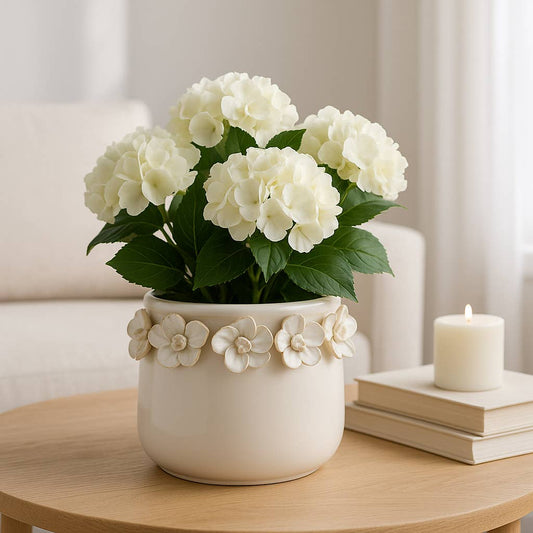 Plant Pot - Ivory Ceramic Sculpted Floral Rim Applique, 6 in