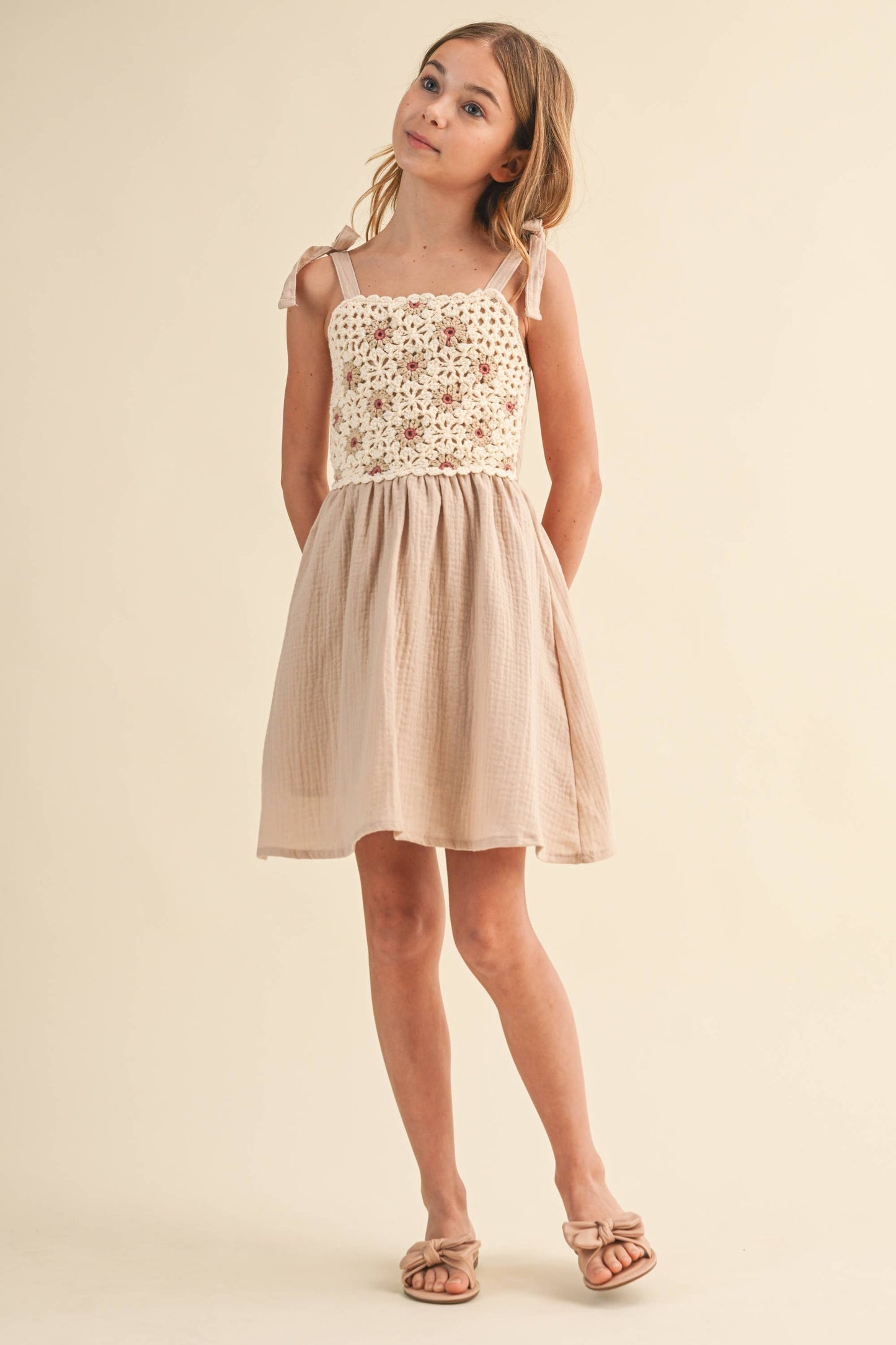 TWEEN KIDS GIRLS CROCHET TIE SHOULDER MINI DRESS (7-12)