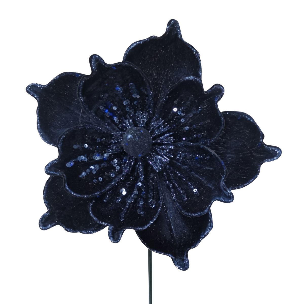 Navy Velvet Magnolia Stem w/ Blue Sequins Dia 9”