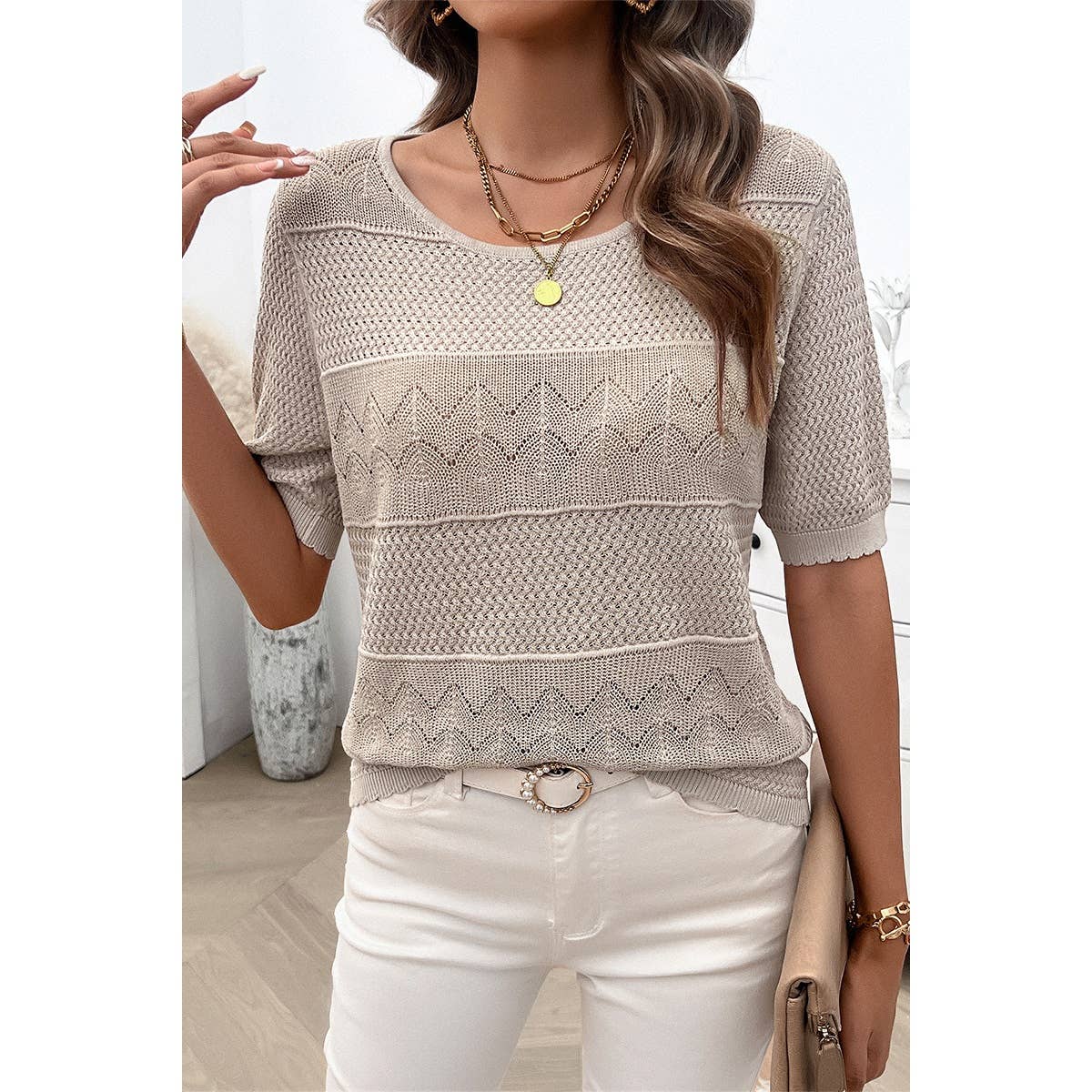 Crew Neck Hollow Lightweight Weaved Sweater Shirt