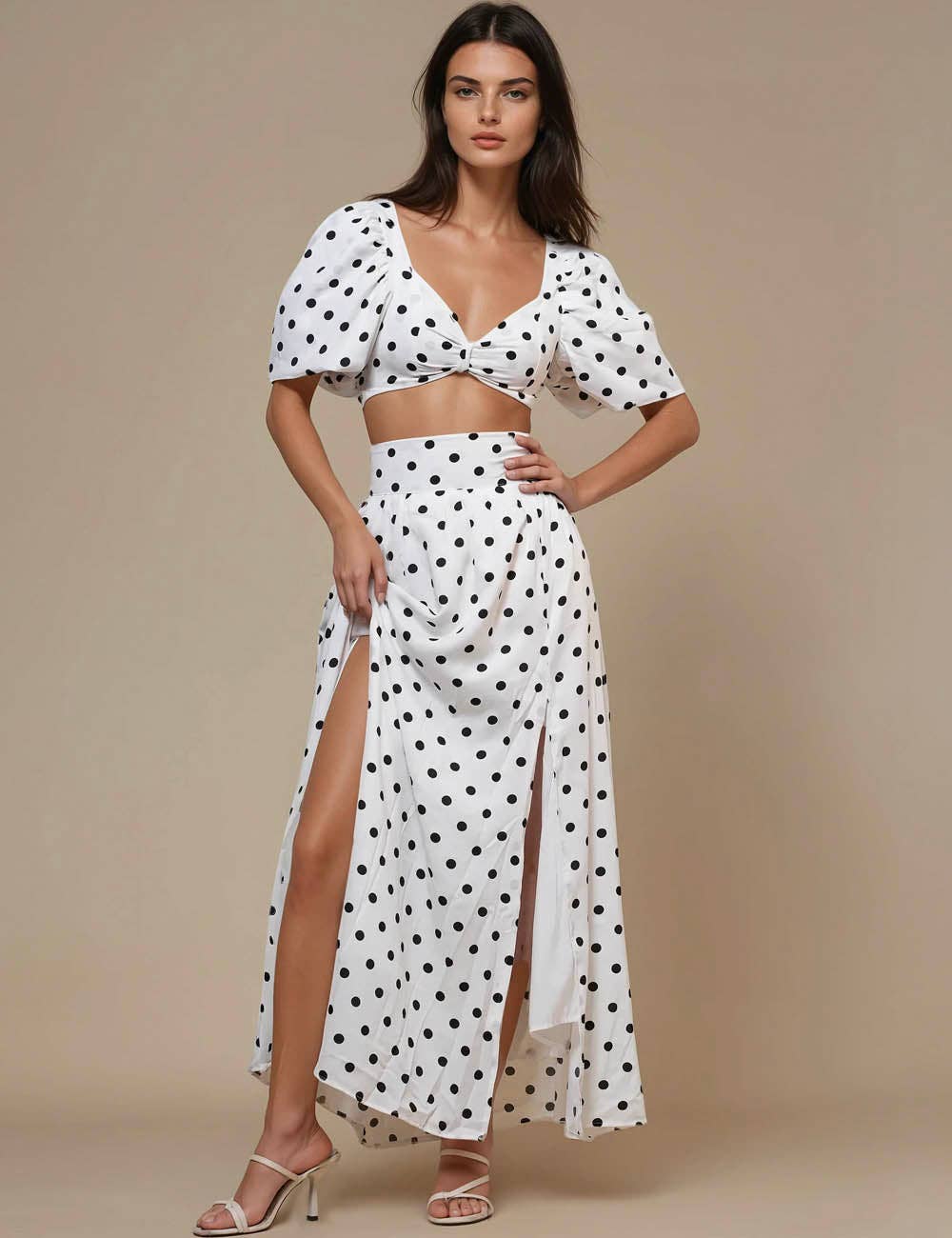 Ladies Polka Dot Crop Top Midi Skirt 2PCS Set