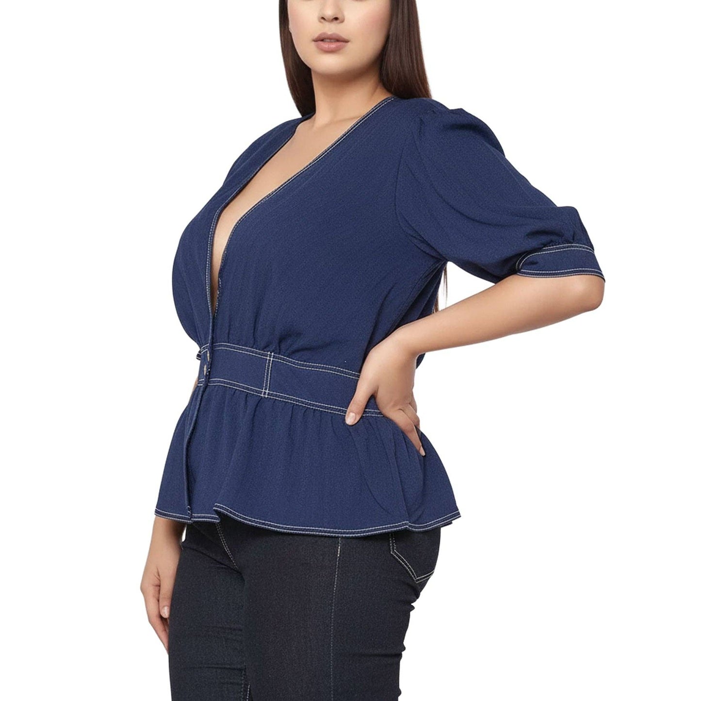 Nurode's Plus Size Puff Shoulder Button Front Peplum Top