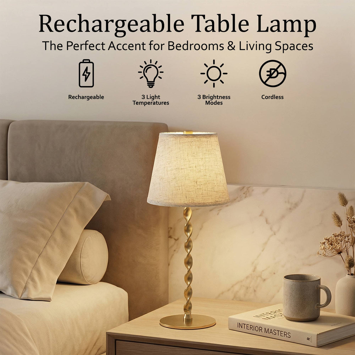 Twisted Linen Shade, Gold Twist Stem, Cordless LED Lamp
