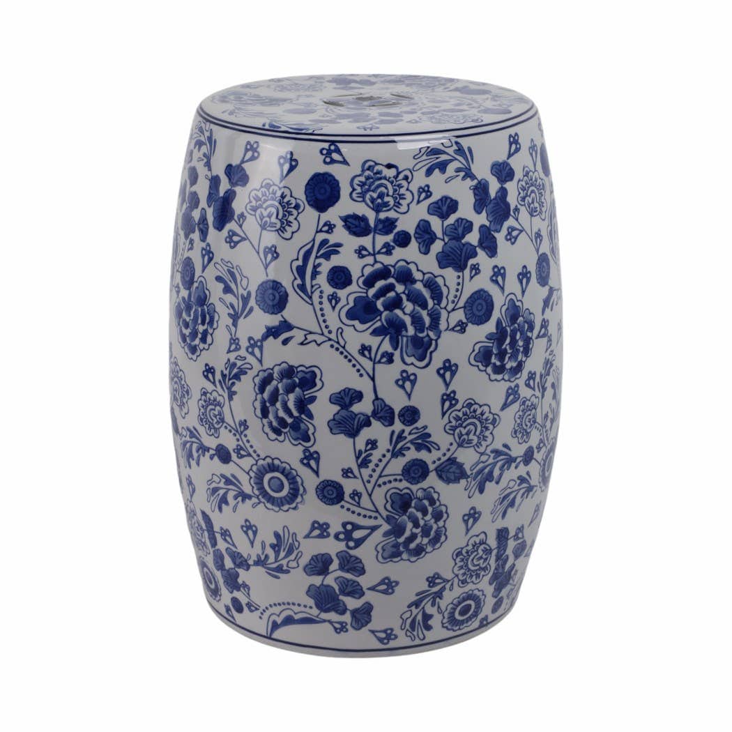Ceramic Elegant Hydrangea Chinoiserie Stool - Blue, 17 in.