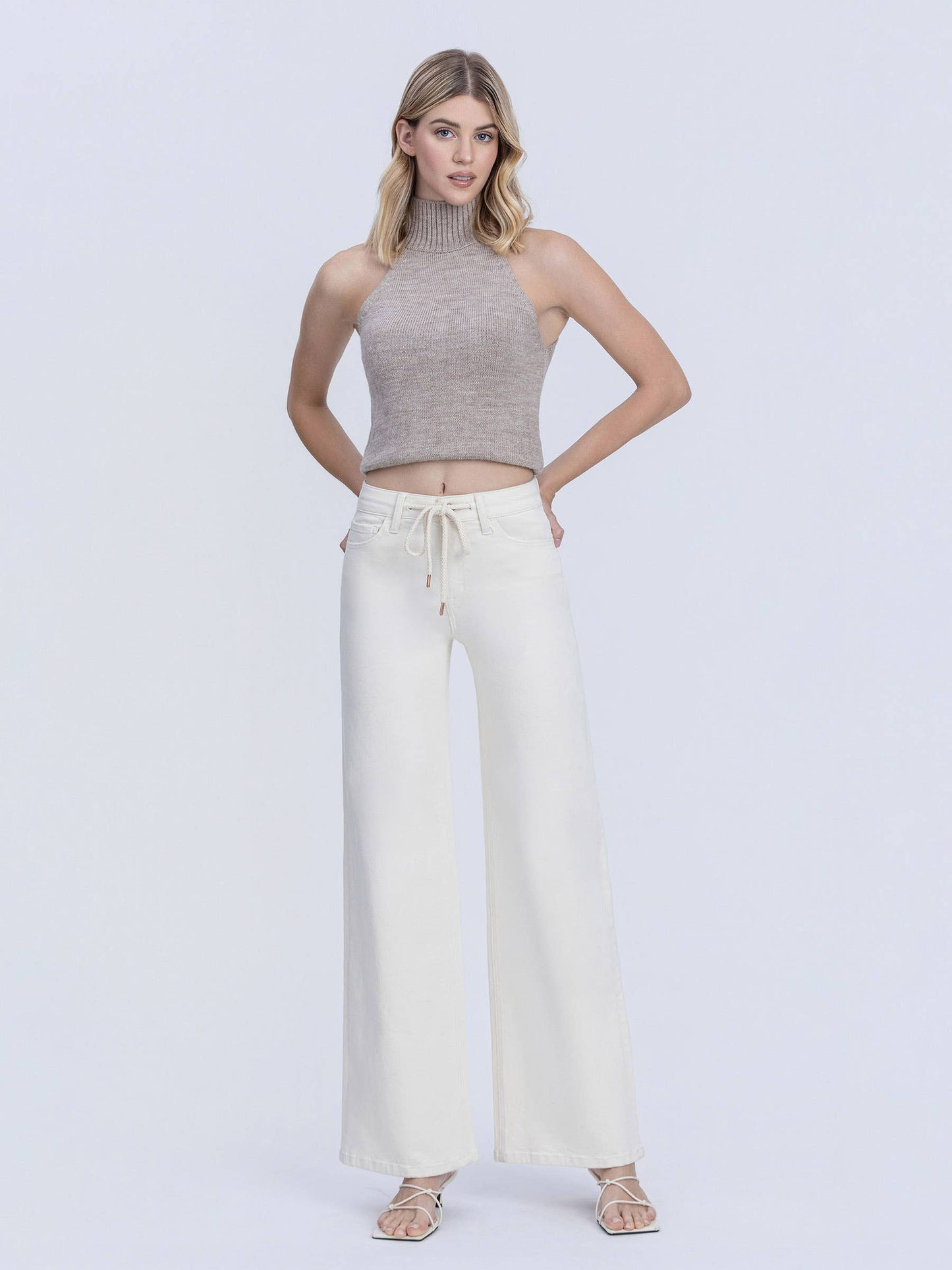 HIGH RISE NATURAL COLOR DRAWSTRING WIDE LEG JEANS T7259NTR