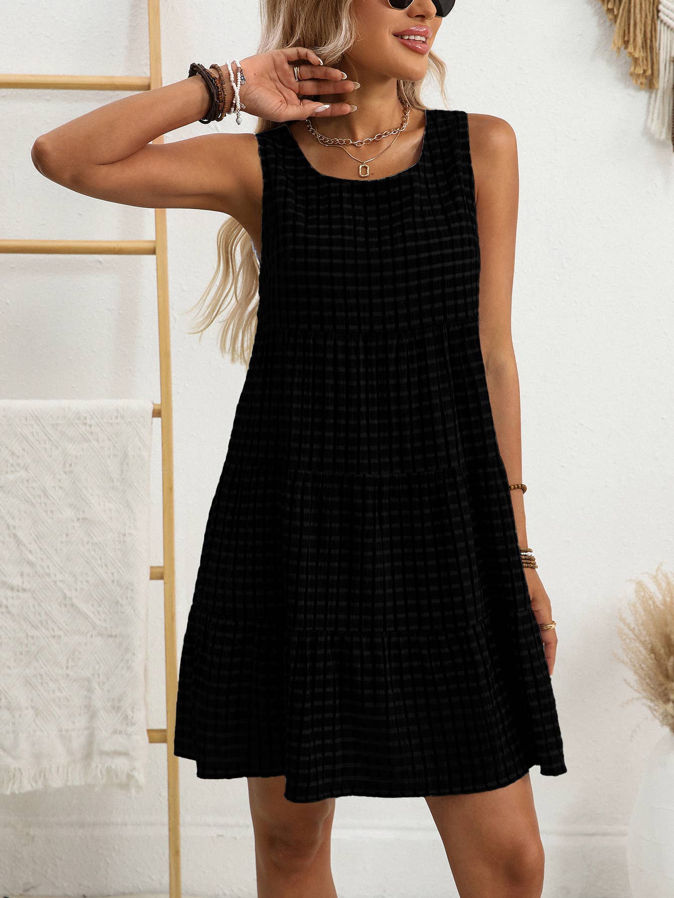 Checkered Tiered Sleeveless Mini Dress