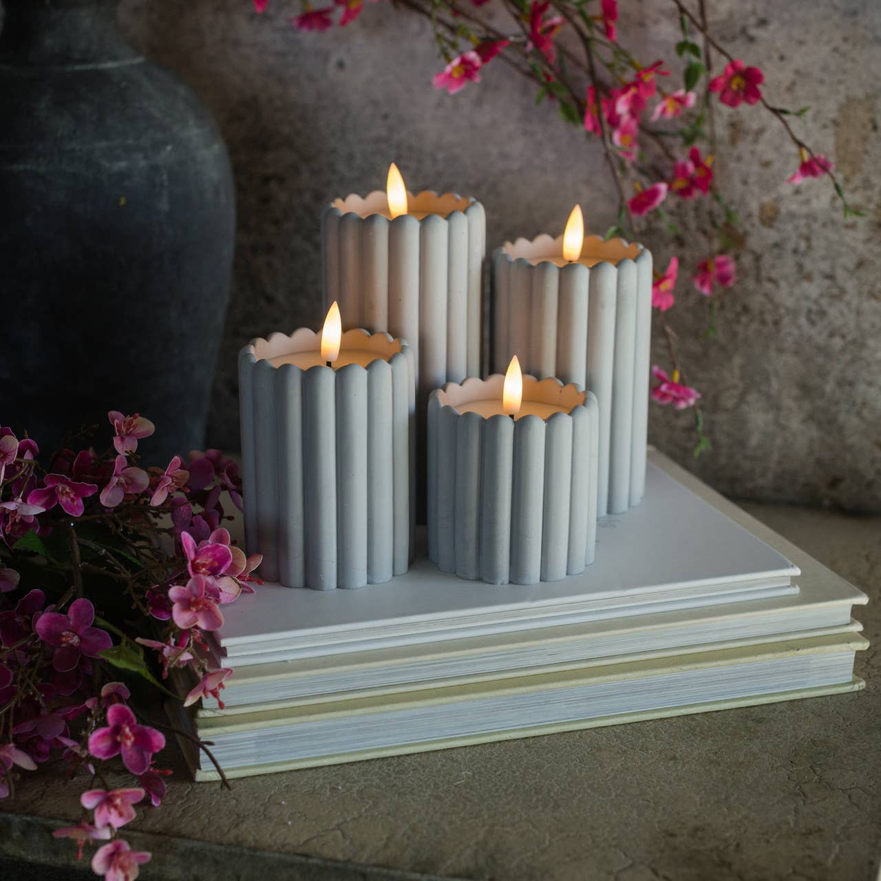 6" GREY CEMENT COLUMN 3D FLAME CANDLE
