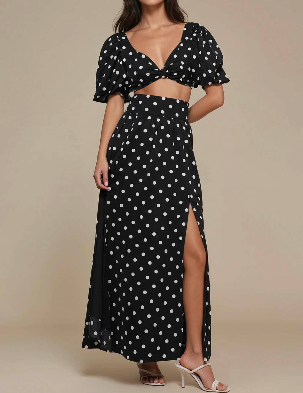 Ladies Polka Dot Crop Top Midi Skirt 2PCS Set