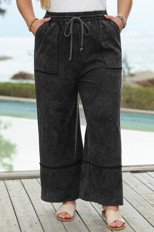 Plus Size Mineral Wash Wide Leg Cropped Pants