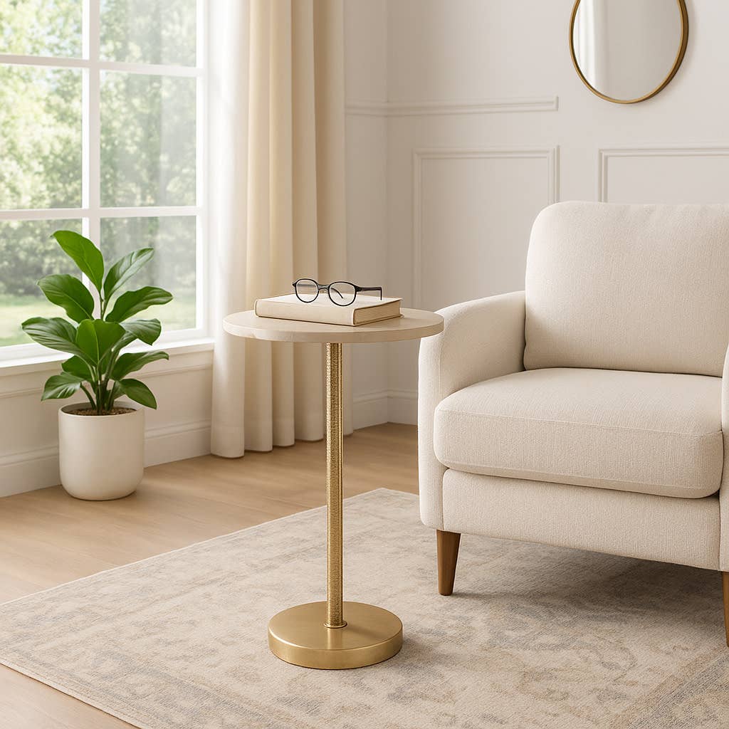 Drink Table - Ivory Marble Top Gold Metal Base, 25 in.